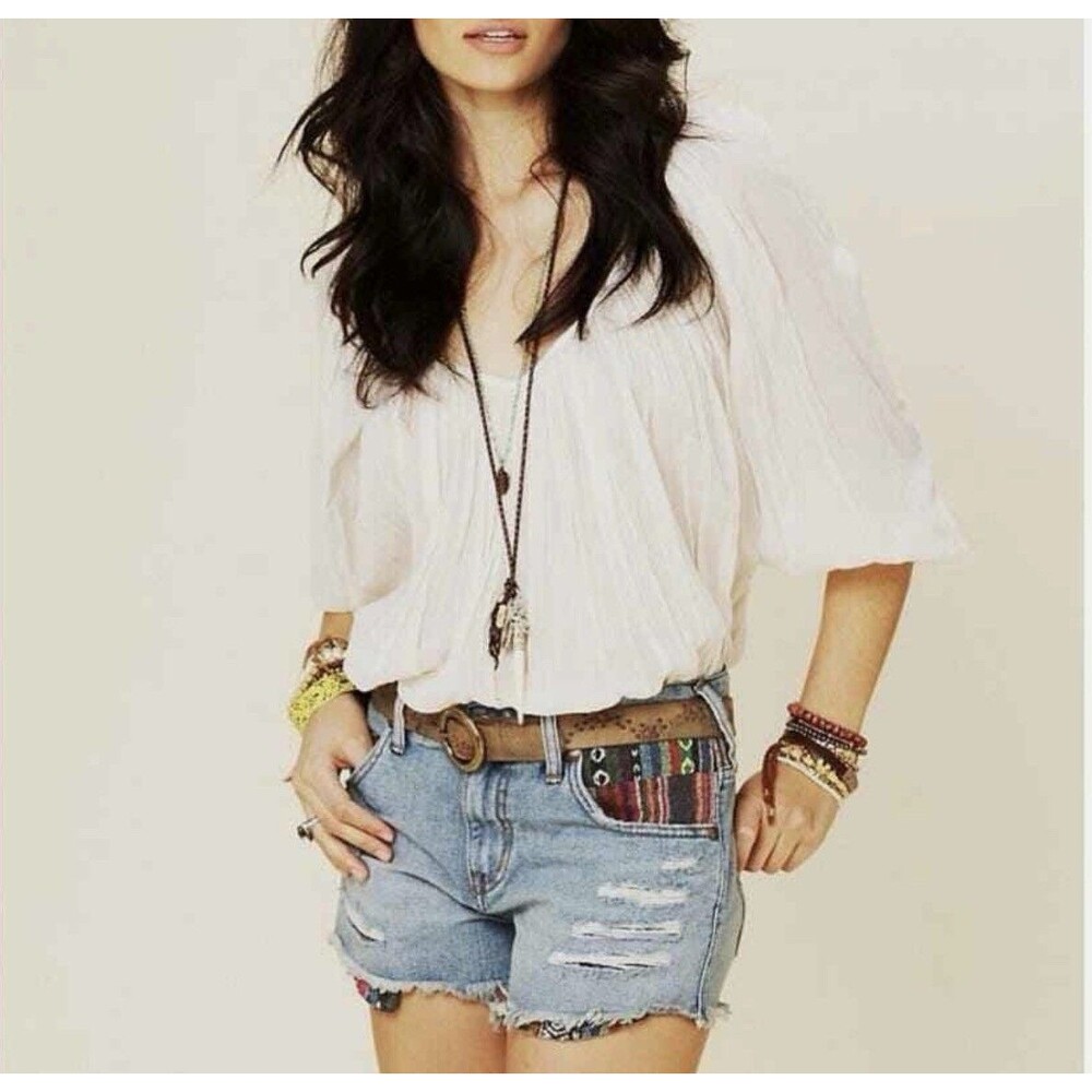 Free People 25 Baja Serape Rugged Cut Off Boho Distressed Jean Shorts
